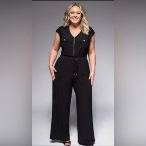 Emma & Michele Black Gold Detail Drawstring Waist Wide Leg Jumpsuit Size Large